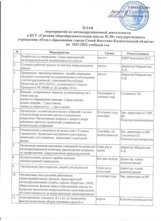 План меропирятий по антикоррупционной деятельности в КГУ "СОШ №30" на 2021-2022 учебный год