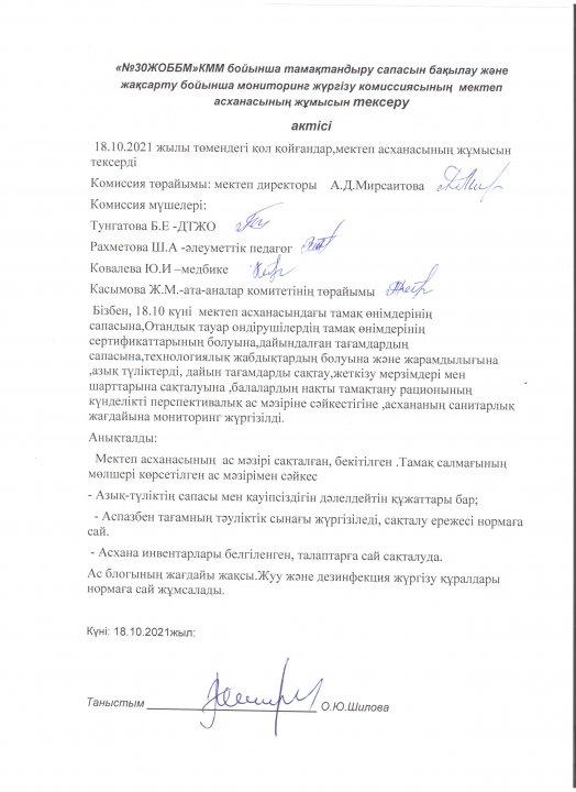Тамақтандыру сапасын бақылау және жақсарту бойынша мониторинг жүргізу комиссиясының актілері