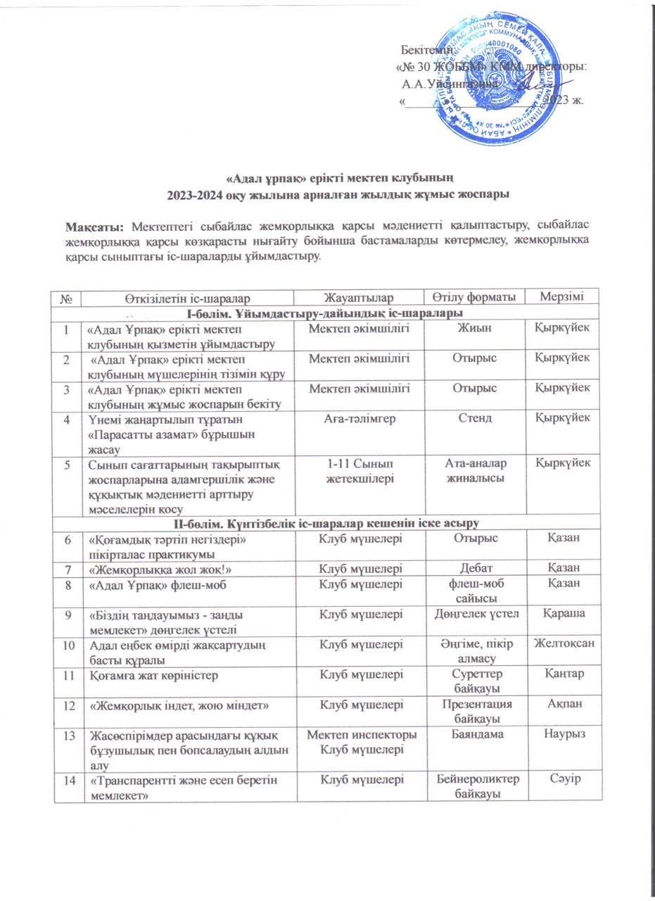 "Адал ұрпақ" клубының 2023-2024 оқу жылына арналған іс-шаралар жоспары